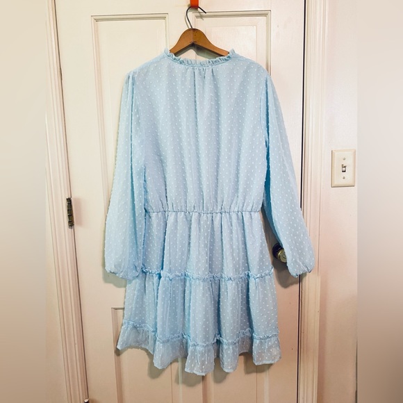 NWT BTFBM Women Casual light blue Dress V Neck Tie Neck Long Sleeve Dot Ruffle - Picture 7 of 7